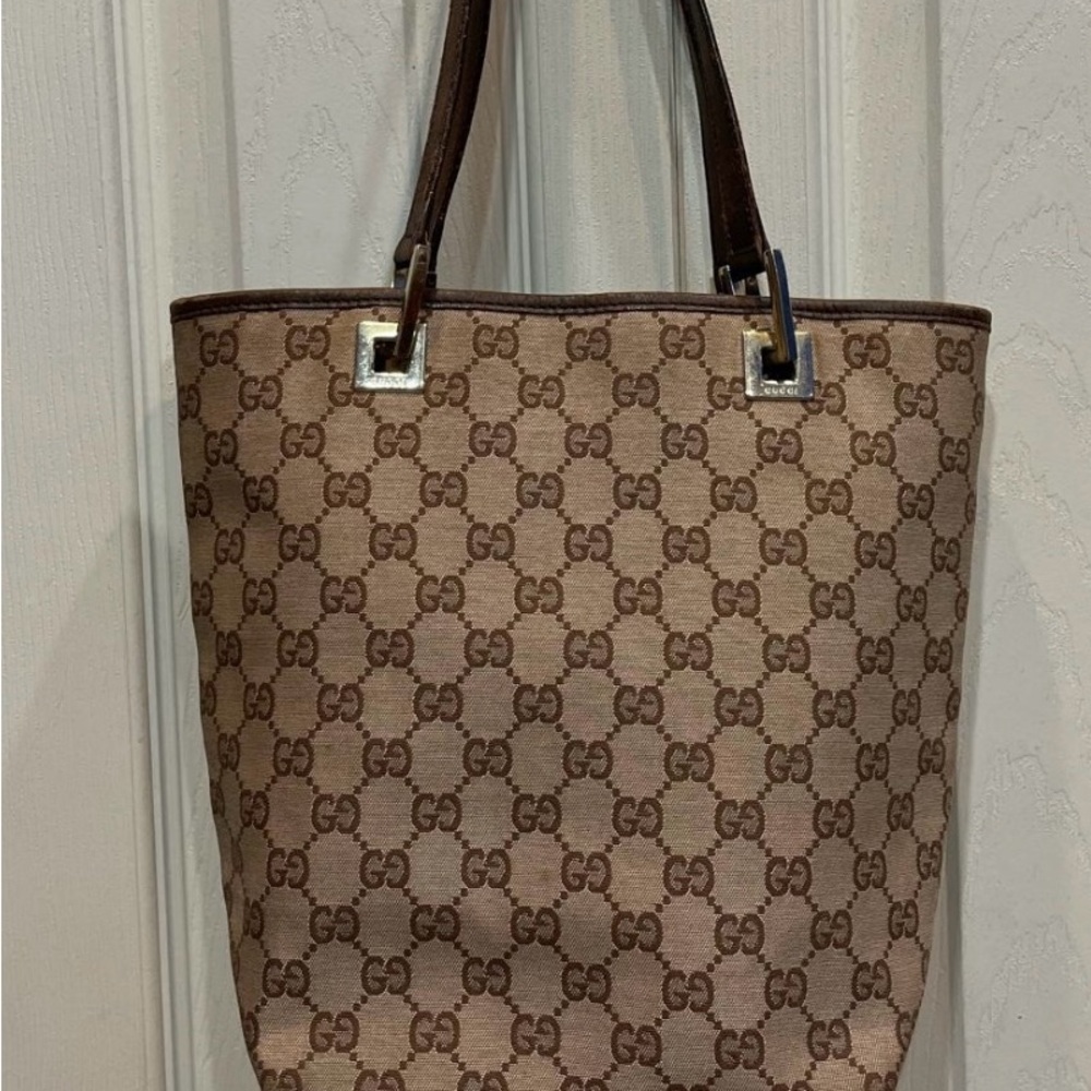 Authentic GUCCI Shoulder Tote Bag GG Canvas Leather bag